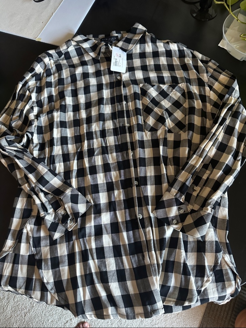 Sanctuary Black and Cream Plaid Button-Down Shirt